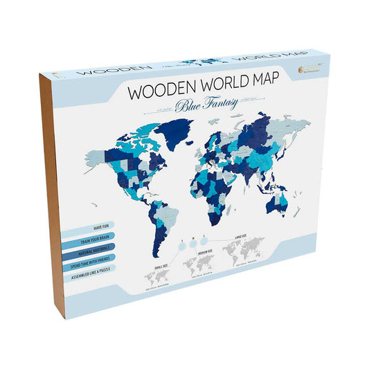 Eco Wood Art Houten Wandpuzzel Wereldkaart Blauw Maat M