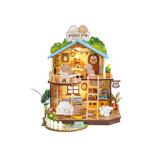 Robotime, DIY Huisje Puppy's Cozy Villa met LED verlichting DG169, 22x18,3x23,5cm