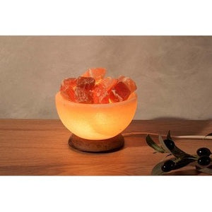 Himalaya Salt Dreams Schaal met Himalaya Zoutbrokken incl Verlichting Houten Voet, 15cm doorsnee