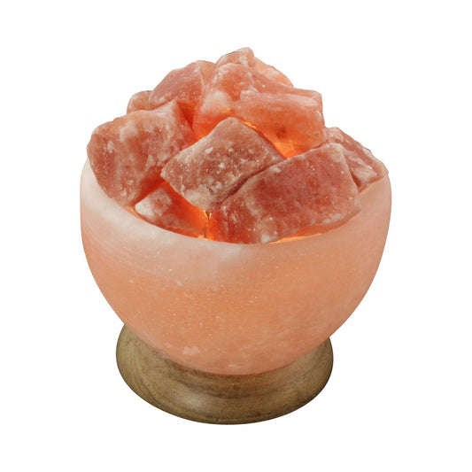 Himalaya Salt Dreams Schaal met Himalaya Zoutbrokken incl Verlichting Houten Voet, 15cm doorsnee