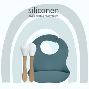 green-goose Siliconen Slabbetje en Bamboe Bestek - Petrol