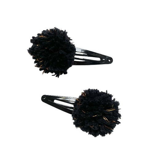 Luna-Leena Hair Clips Pom Pom 2x - Zwart en Gold Flakes - Handmade in Nepal