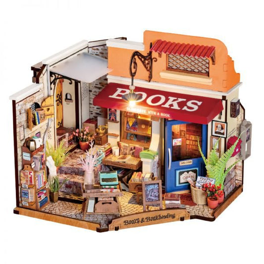 Robotime, DIY Huisje Corner Bookstore met LED verlichting, 25x16,7x18cm