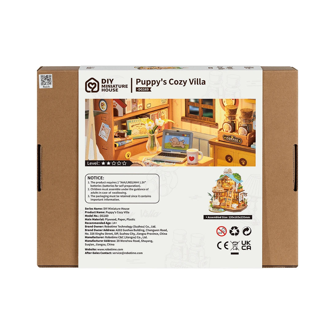 Robotime, DIY Huisje Puppy's Cozy Villa met LED verlichting DG169, 22x18,3x23,5cm