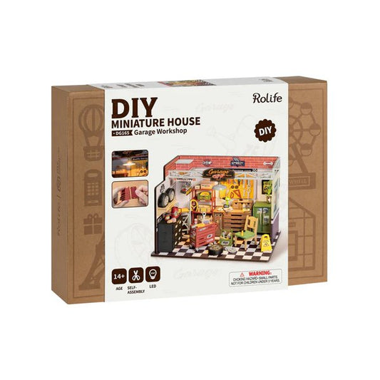 Robotime, DIY Huisje Garage Workshop met LED verlichting, DG165, 24x15x17cm