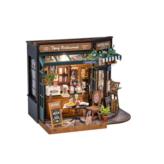 Robotime, DIY Huisje Tipsy Restaurant met LED verlichting, DG167, 18x18x24cm